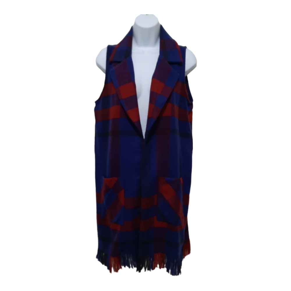 Iman Plaid Open Cardigan With Fringe Hem Medium